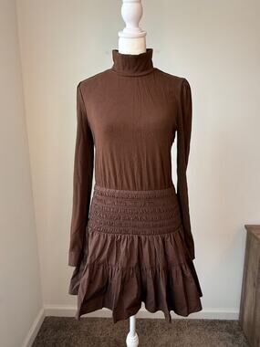 Cartolina Brown Turtleneck Smocked Waist Ruffle Dress Small